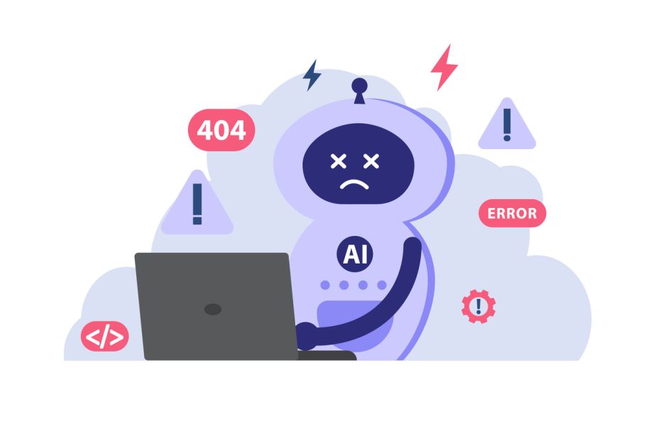 Robot surrounded by computer errors showing an AI project fail