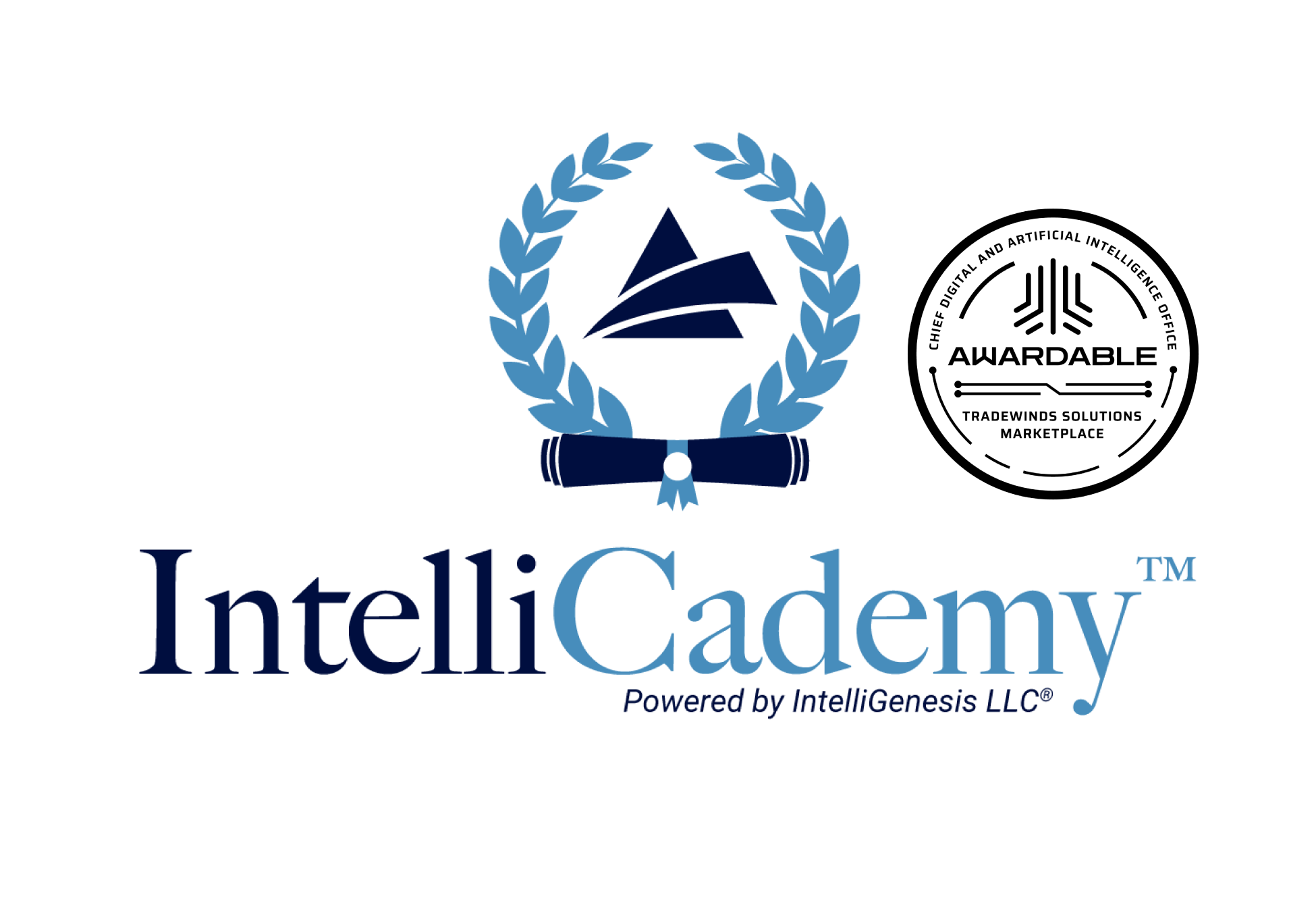 IntelliCademy Logo with the Tradewinds Solution Marketplace "awardable" badge for AI Training and Workforce Development