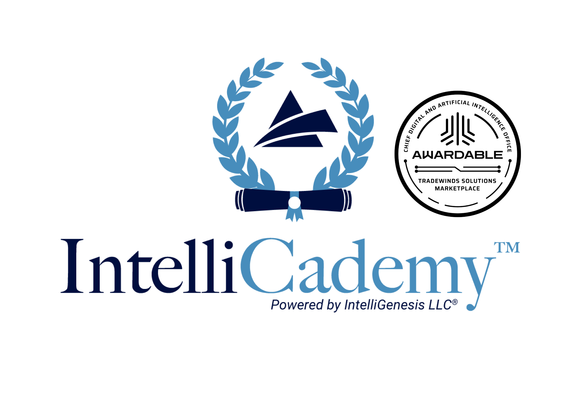 IntelliCademy Logo with the Tradewinds Solution Marketplace "awardable" badge for AI Training and Workforce Development